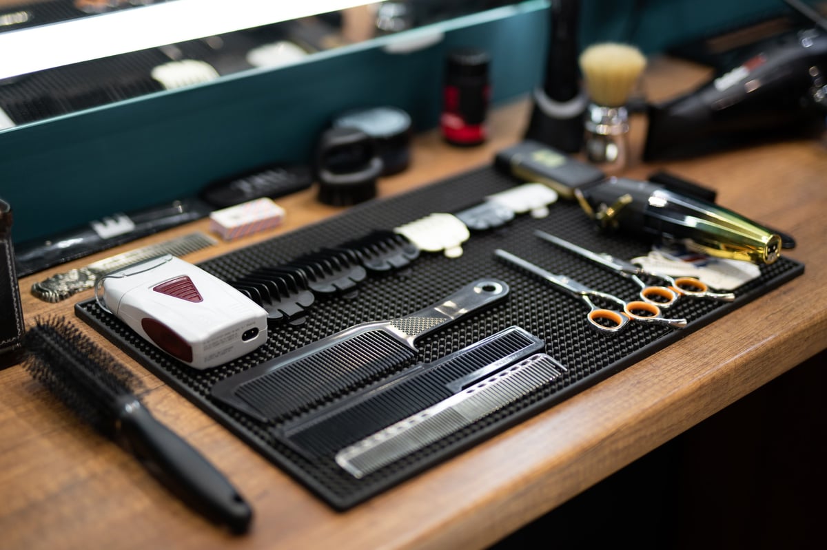 Professional barber tools laid out in the shop