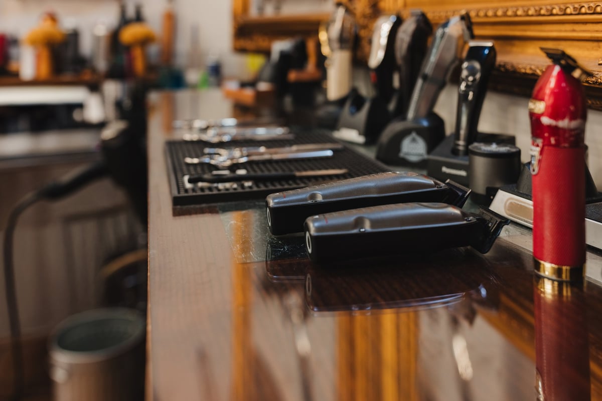 Barbershop counter with organized tools and equipment